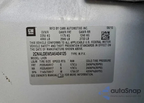 2010 Chevrolet Equinox Lt from USA, damaged, VIN 2CNALDEW5A6404125